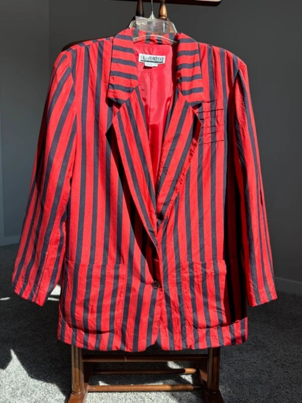 Vintage SK & Company 100% Silk Striped Blazer Red Black Oversized Jacket M